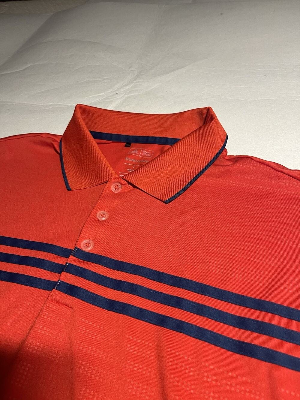 Adidas Golf Puremotion Men’s L Red Navy Stripe Polo Shirt Performance FLAW
